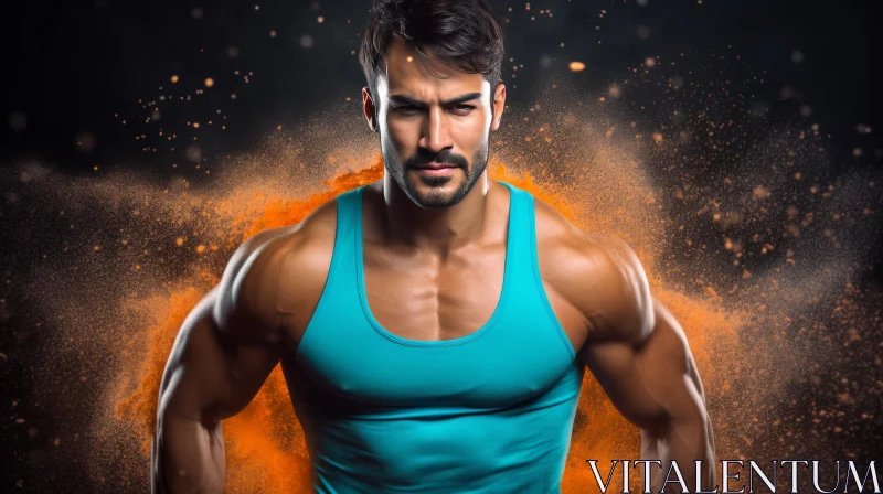 Powerful Male Bodybuilder in Blue Tank Top AI Image