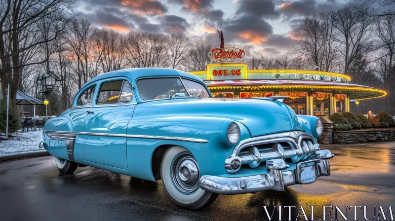 Vintage Car Parked Outside Colorful Diner | Nostalgic Scene AI Image