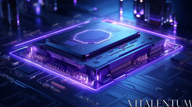 Computer Chip 3D Rendering on Circuit Board | Blue and Black | Purple Light AI Image