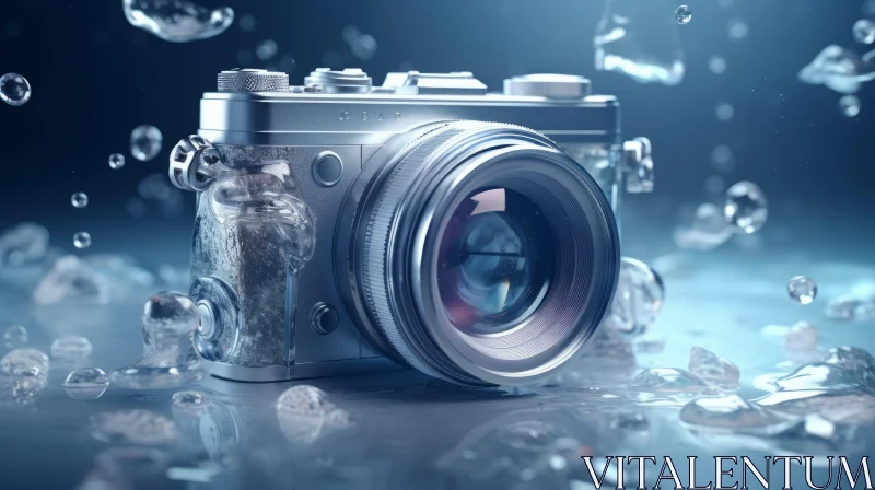 Mesmerizing 3D Rendering of a Metal Camera with Water Droplets AI Image