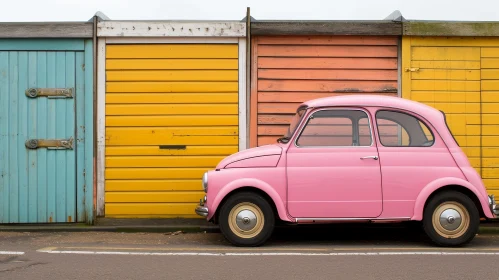 Pink Vintage Car and Colorful Beach Huts