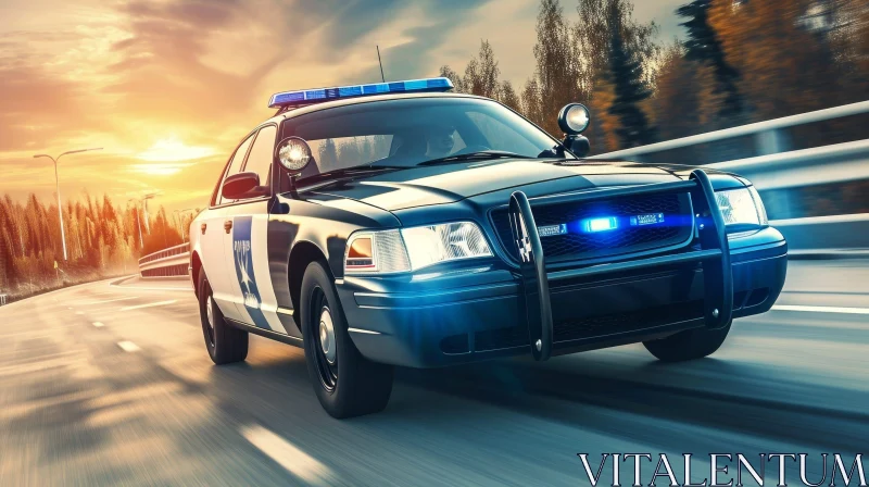 Sunset Police Car Driving on Road with Flashing Lights AI Image