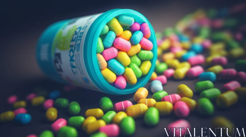 Colorful Pills Spilled from Blue Plastic Bottle - Abstract Art AI Image