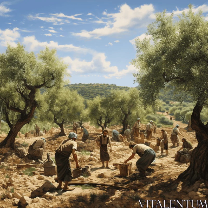 Laborious Olive Tree Picking in Contemporary Archaeological Style AI Image