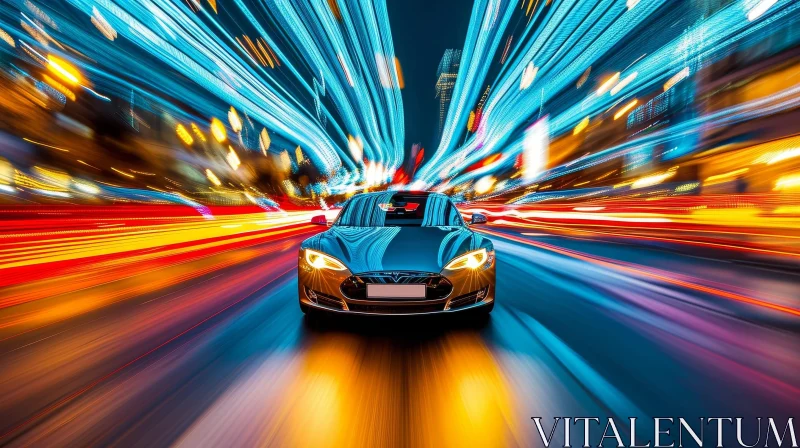 Silver Tesla Model S Driving Through City at Night AI Image