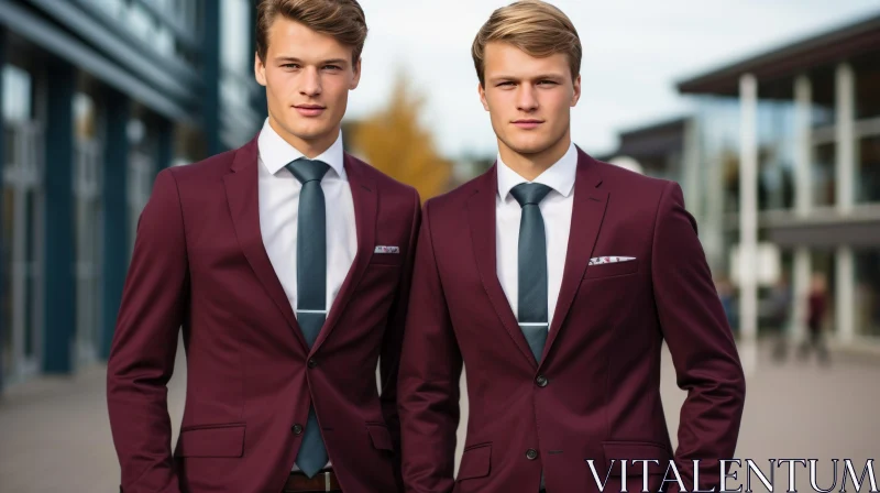 Serious Young Men in Matching Maroon Suits - Urban Portrait AI Image