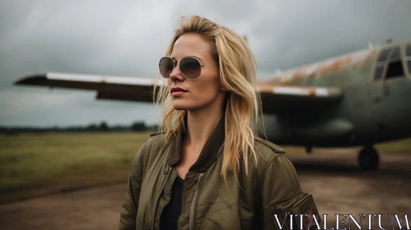 Urban Street Style: Blonde Woman in Green Bomber Jacket by Old Airplane AI Image