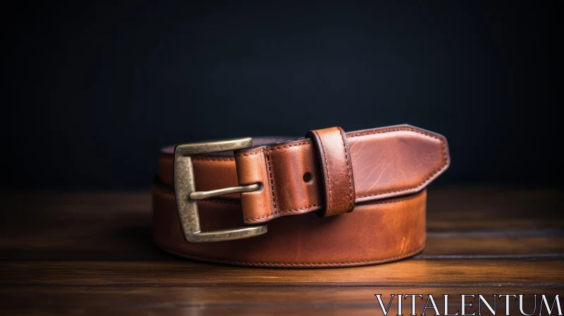 Brown Leather Belt on Wooden Table - Detailed View AI Image