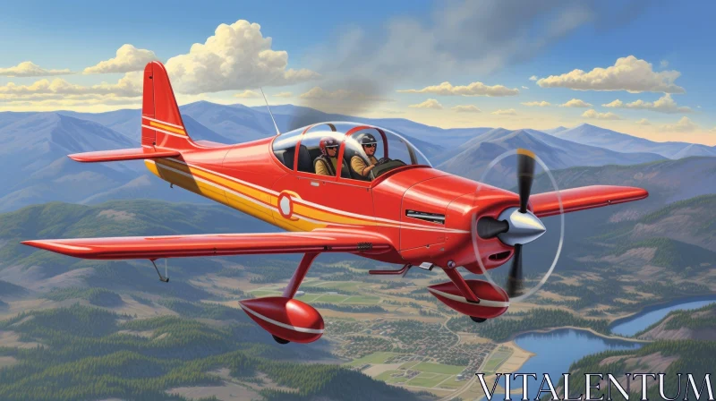 Red Airplane Flying Over Mountainous Landscape AI Image