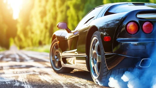 Black Sports Car Drives on Asphalt Road