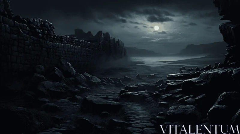 Mysterious Dark Night Under the Moon with Rocks and Ruins AI Image