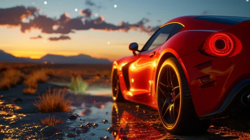 Red Sports Car in Desert Sunset