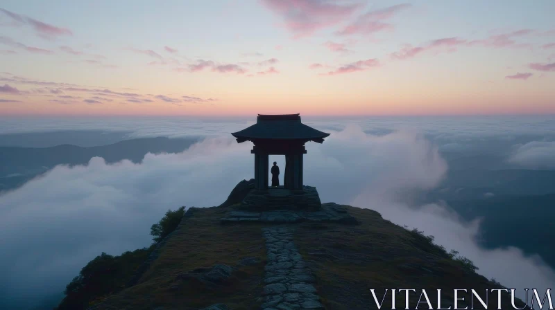 Serene Mountaintop Sunset Landscape with Temple AI Image