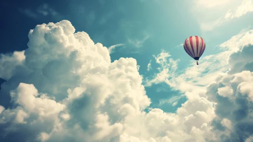 Sky Adventure: Red and White Hot Air Balloon in Cloudy Blue Sky
