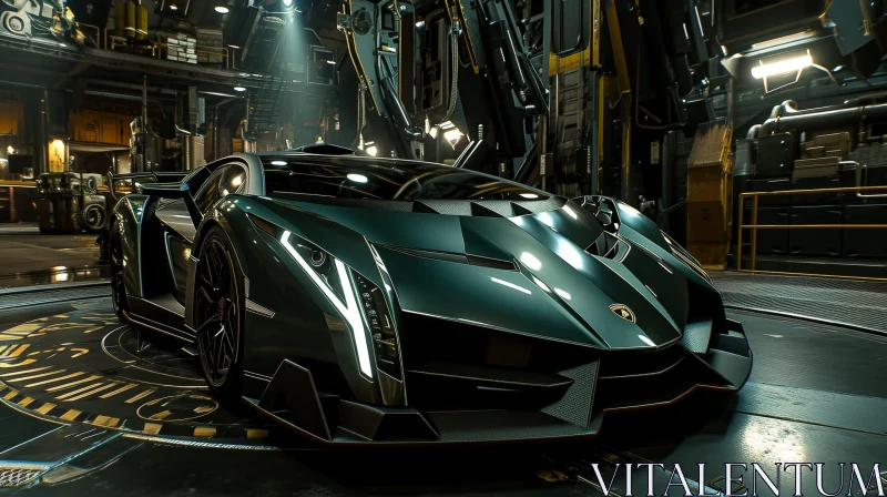 Sleek Dark Green Lamborghini Veneno Roadster in Futuristic Setting AI Image