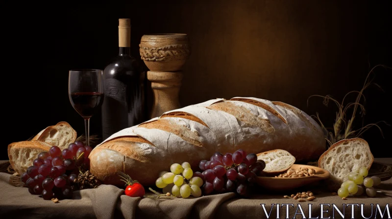 AI ART Still Life: Bread and Grapes on a Cloth - Realistic Artwork