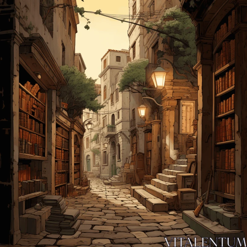 Whimsical City Street Illustration with Carved Books | Anime-Inspired AI Image