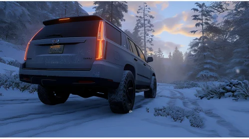 White Cadillac Escalade Driving on Snowy Road at Sunset