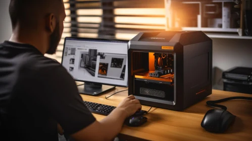 Black T-Shirt Man Working on 3D Printer | Technology Art