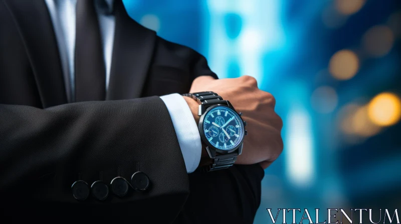 Elegant Man in Black Suit with Watch on Blue Background AI Image