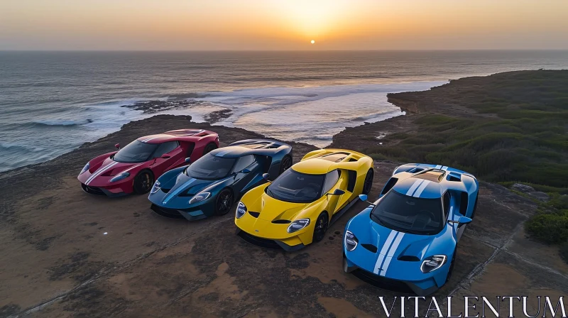 Ford GT Supercars Sunset Ocean Cliff View AI Image