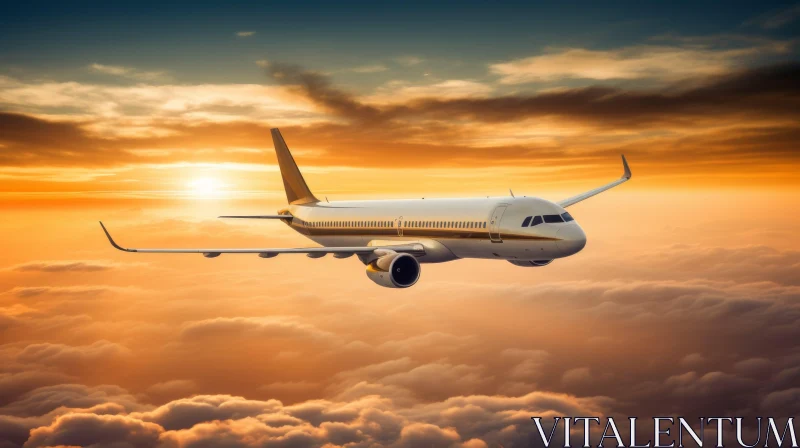 Majestic Sunset Flight: Airplane Soaring Above Clouds AI Image