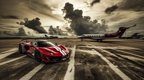 Red Sports Car and Private Jet on Runway: Dynamic Scene