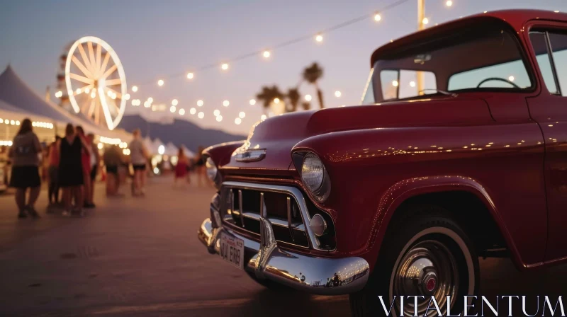 Red Vintage Pickup Truck at Fairground Dusk AI Image