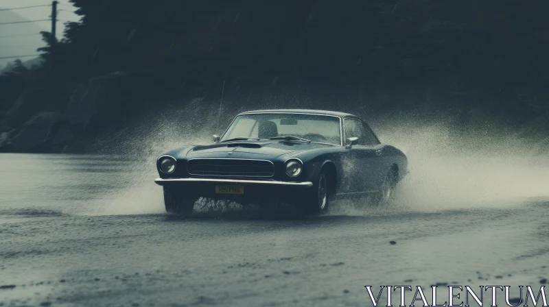 Vintage Car Speeding Through Water Splash AI Image