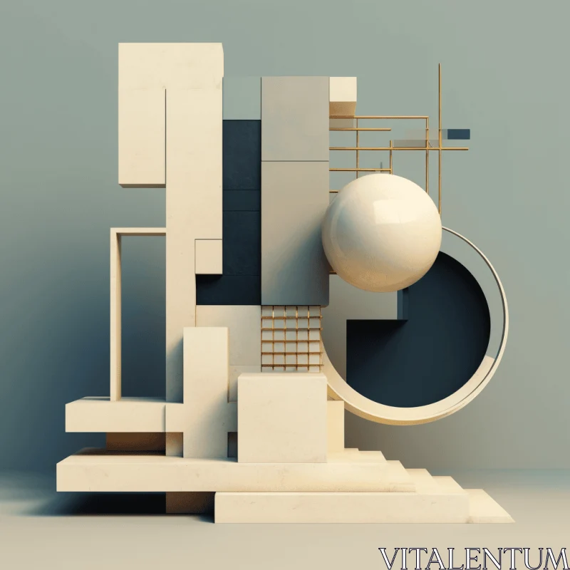 Abstract Geometric Design: 3D Rendering of Building with Juxtaposed Objects AI Image