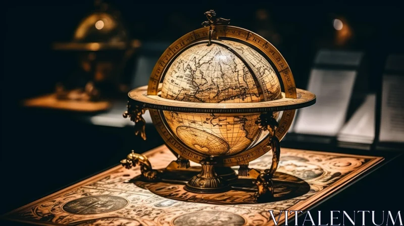 AI ART Antique Terrestrial Globe on Wooden Stand