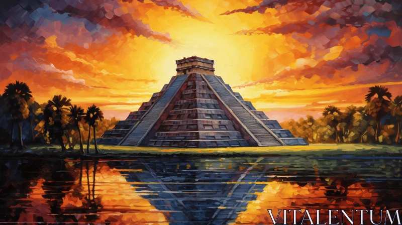 Captivating Painting of Ancient Temple in Mexico at Sunset AI Image