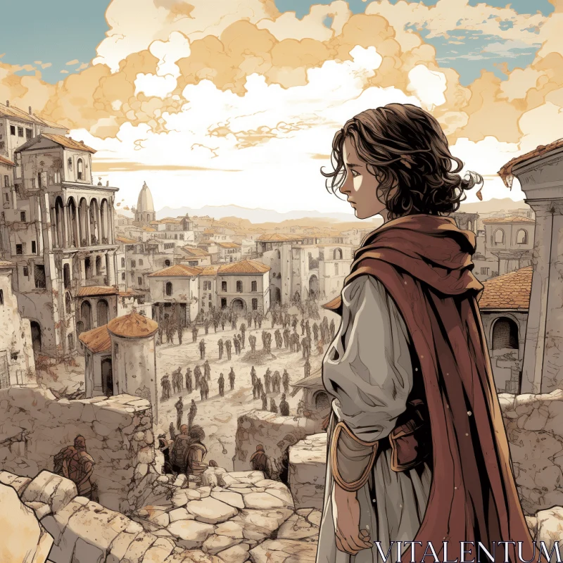 Captivating Woman Wandering in a Medieval Fantasy City - Comic Book Art AI Image