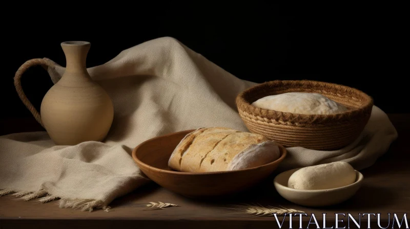 Still Life: Bread, Flour, and Water in Wooden Bowl AI Image