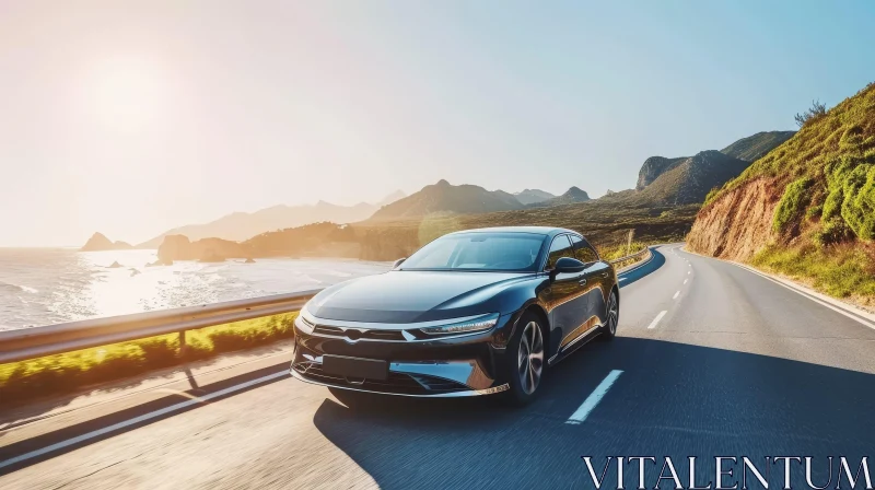 Black Electric Car Ocean Drive with Mountain View AI Image