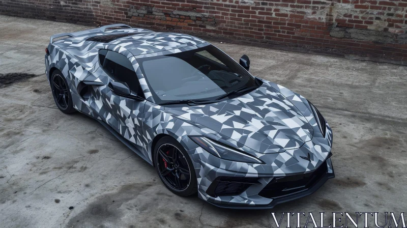AI ART Gray & Black Camouflage Chevrolet Corvette C8 Parked by Brick Wall