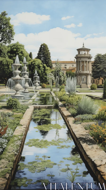 Precise and Detailed Architecture Painting: Fountain in Garden AI Image
