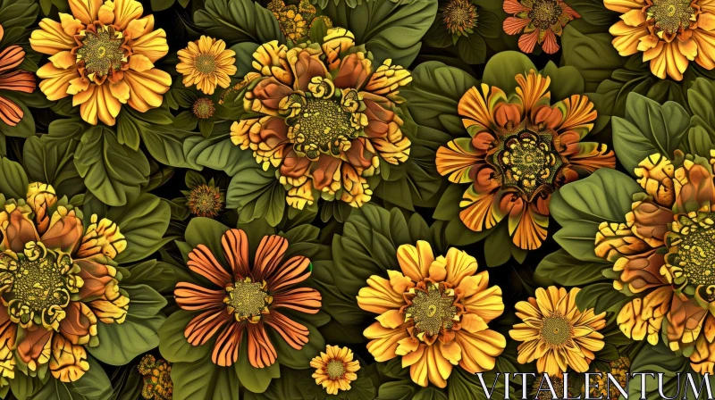 Warm Floral Pattern - Yellow & Orange Flowers AI Image