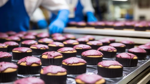 Delicious Cupcakes on Conveyor Belt: Close-Up Photo