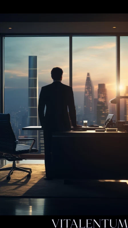 Man in Suit Standing in Office at Sunset AI Image