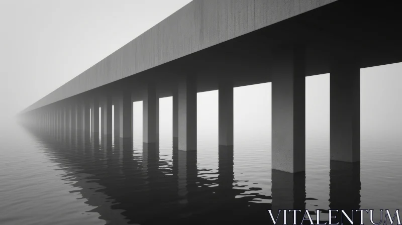 Modern Concrete Bridge Over Still Water in Thick Fog AI Image