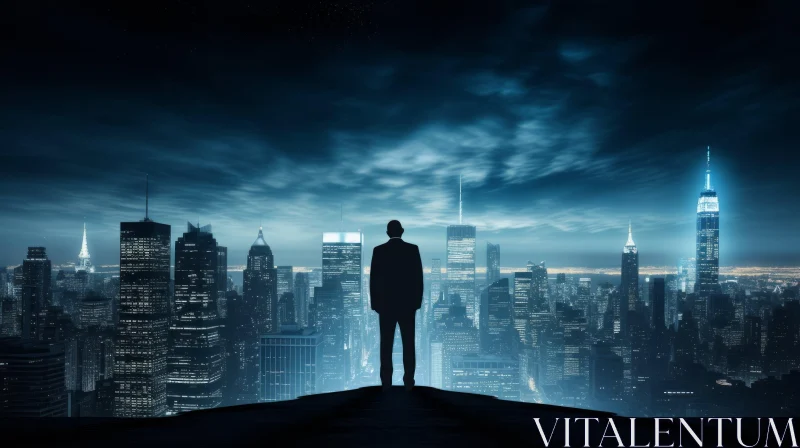 Night Cityscape: Man Alone on Rooftop | Mystery and Power AI Image