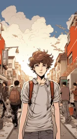 Anime-inspired Art: Young Man Walking in Graphic Novel Style