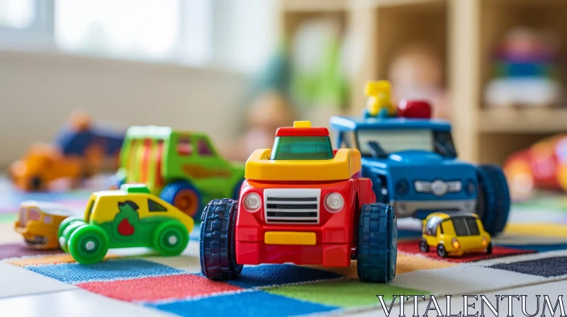 Colorful Toy Cars on Patterned Carpet AI Image