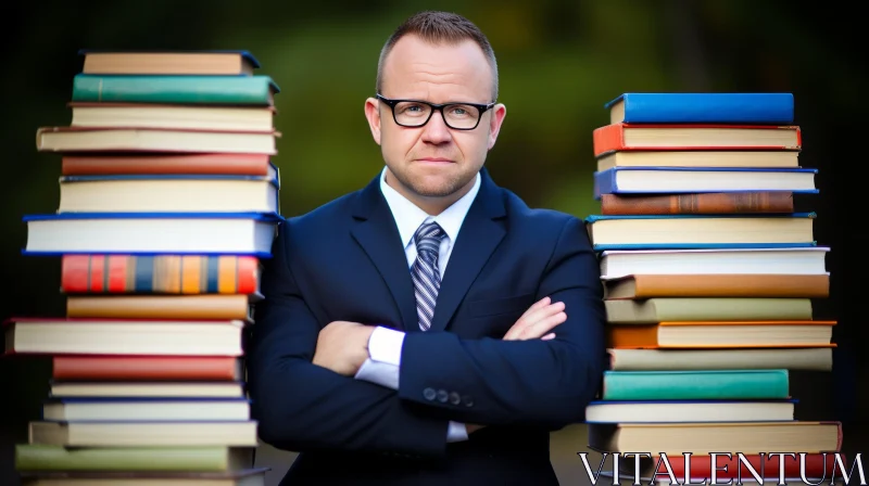 Serious Man with Glasses and Books AI Image