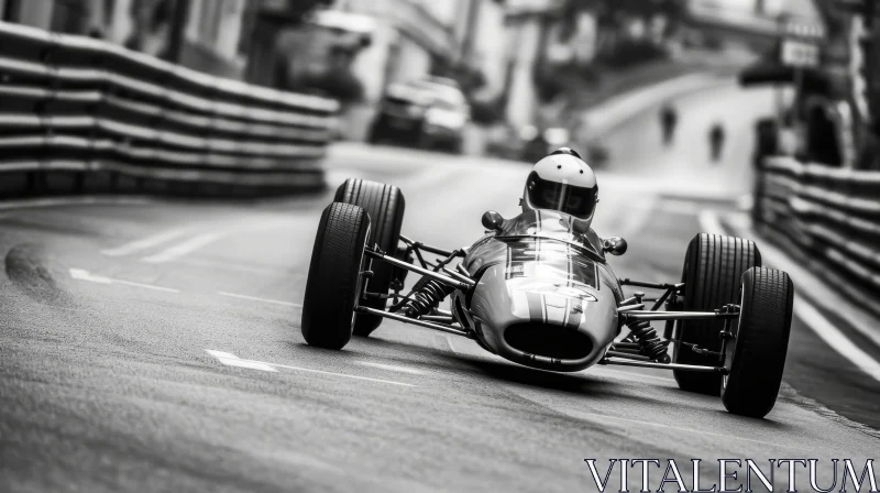 Vintage Open-Wheel Race Car Speeding Through City Street AI Image