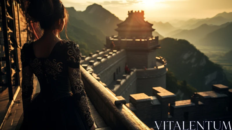 Woman in Black Dress at Great Wall of China AI Image