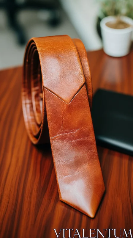 Brown Leather Tie on Wooden Table | Unique Design AI Image