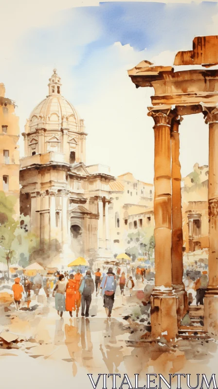 Captivating Watercolor Painting of Roman Architecture and Daily Life AI Image