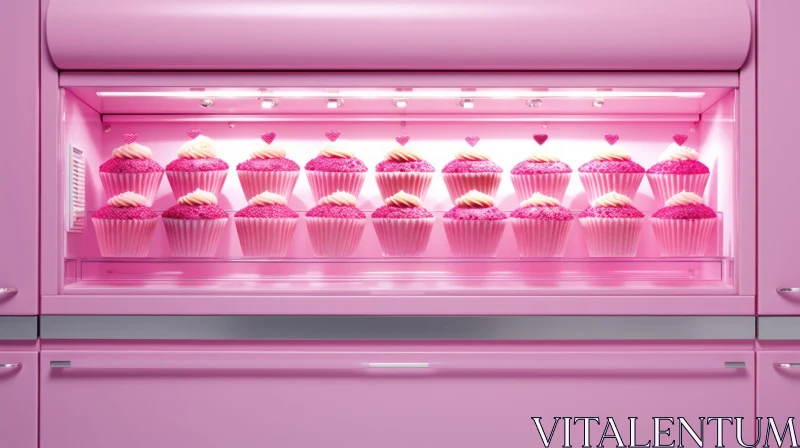 Pink Cupcakes in Glass Door Refrigerator - Cartoon Style AI Image